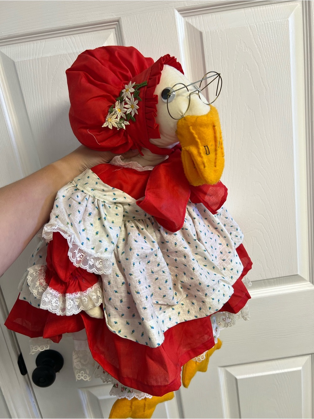 Rare Vintage 1980s Mother Goose Plush Doll with Glasses Red Bonnet Dress & Apron